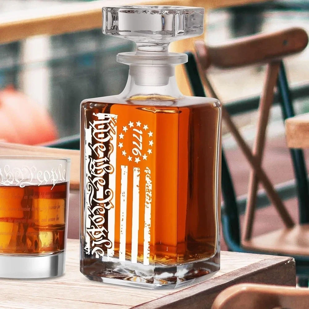 whiskey decanter engraved we the people american flag decanter set with 2 glasse